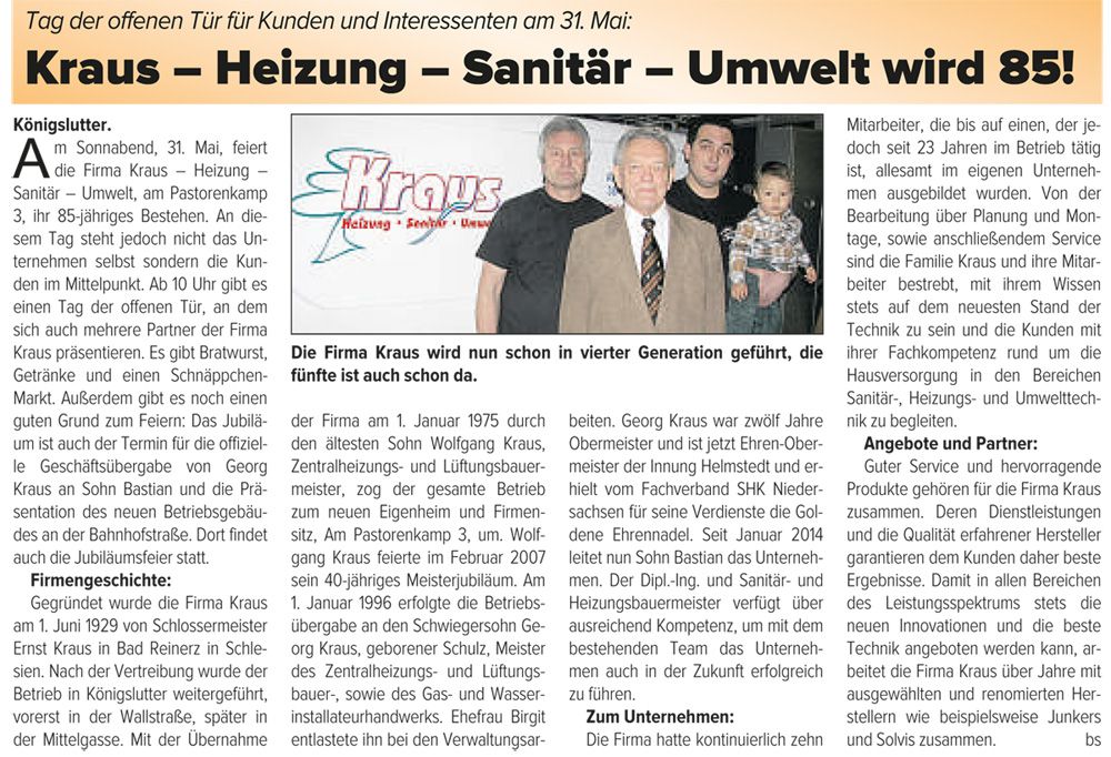 Zeitungsbericht: Kraus Heizung · Sanitär · Umwelt wird 85 und wird in vierter Generation geführt